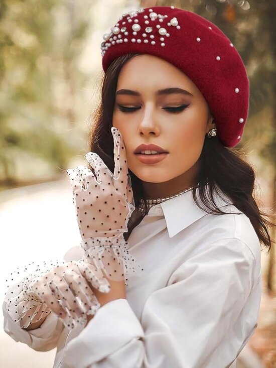 Women\'s Classic French Wool Beret Pearl & Rhinestone Embellishment Hat Burgundy main image 4